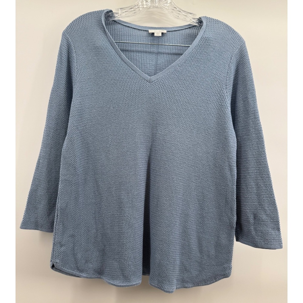 J.Jill Blue Textured V-Neck Sweater 3/4 Sleeve Petite Medium Coastal Grandmother